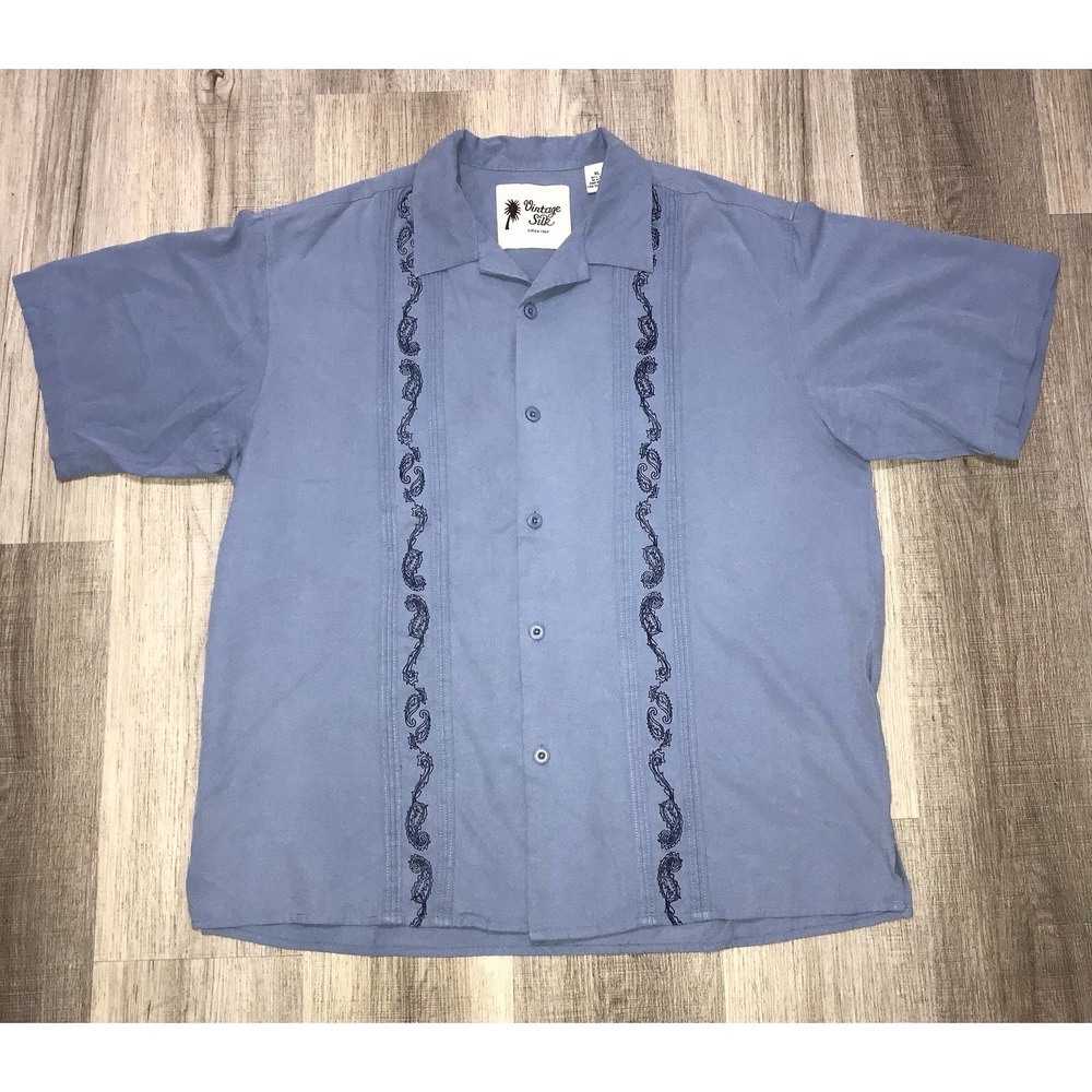 Vintage Silk CIRCA 1969 Men's Short Sleeve Blue Embroidered Shirt XL Silk XLarge